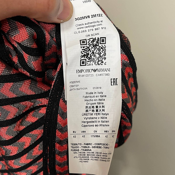 Emporio Armani Long Sleeve Crew Neck Stripped Chevron Sweater Pink Black Gray 42 - Picture 8 of 8